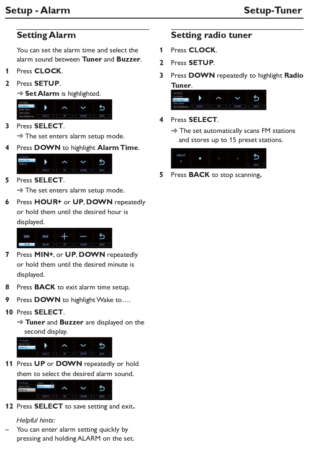 Philips AJL305/12 user manual Setup Alarm, Setup-Tuner, Setting Alarm, Setting radio tuner, Press Back to stop scanning 