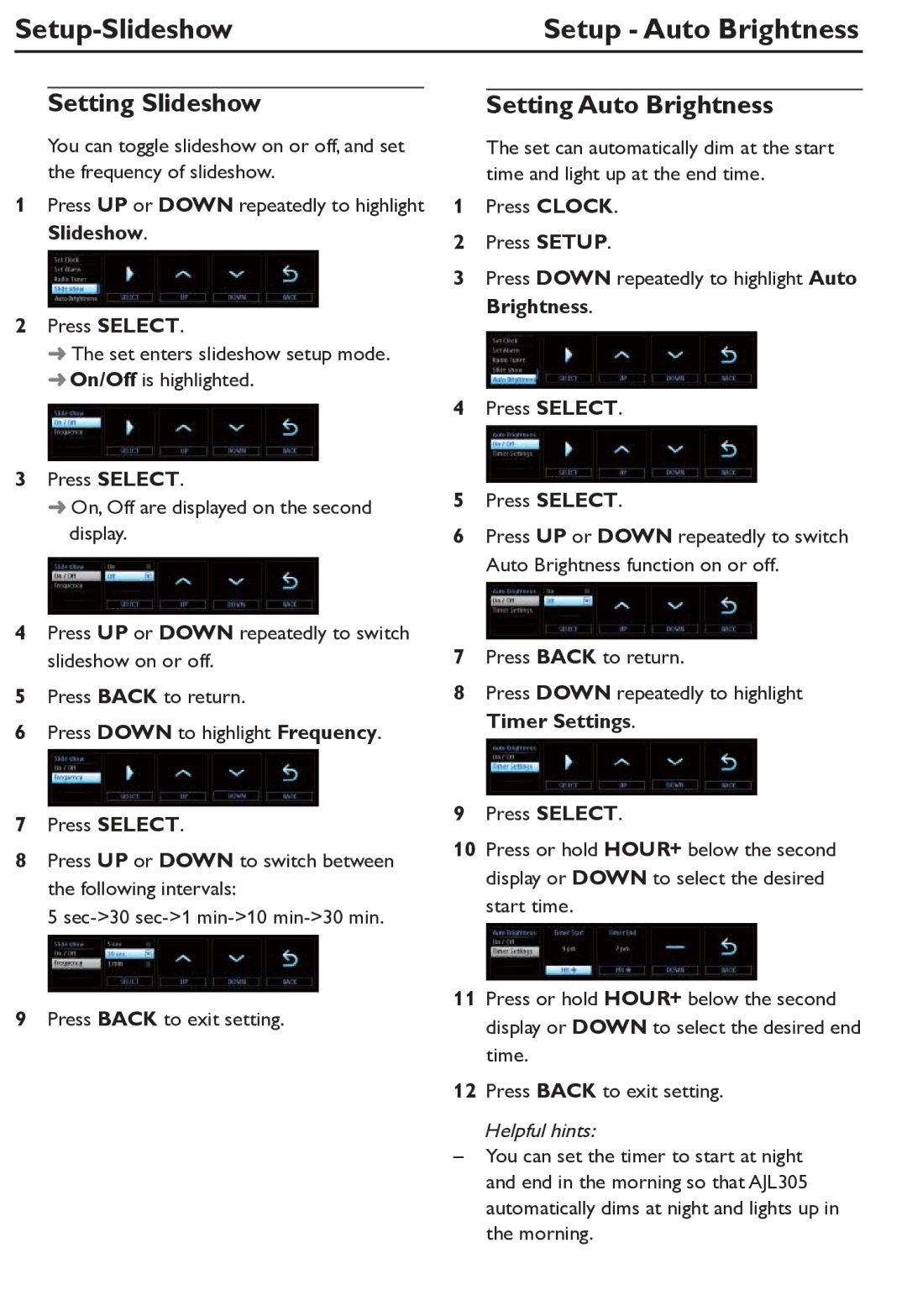 Philips AJL305/12 user manual Setup-Slideshow, Setup Auto Brightness, Setting Slideshow, Setting Auto Brightness 