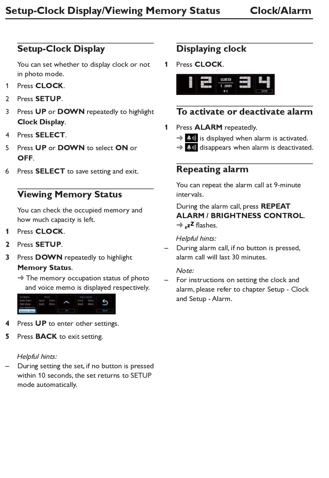 Philips AJL305/12 user manual Setup-Clock Display/Viewing Memory Status Clock/Alarm, Setup-Clock Display Displaying clock 