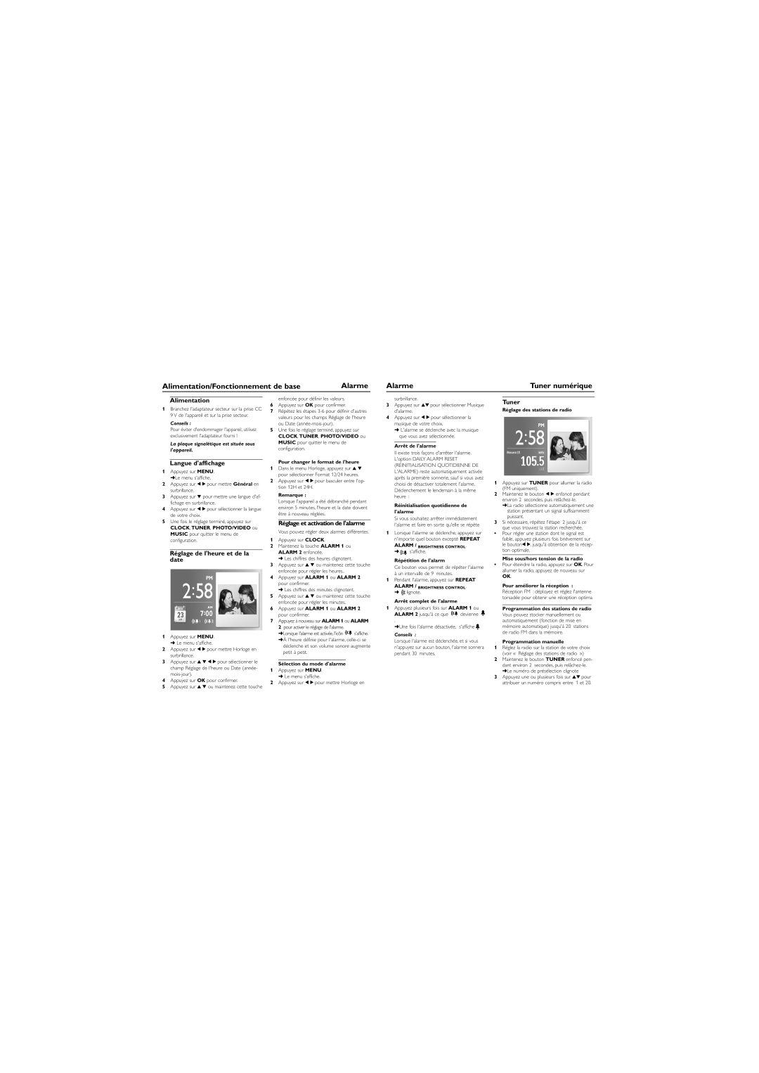 Philips AJL308/17 quick start Alimentation/Fonctionnement de base Alarme, Tuner numérique 