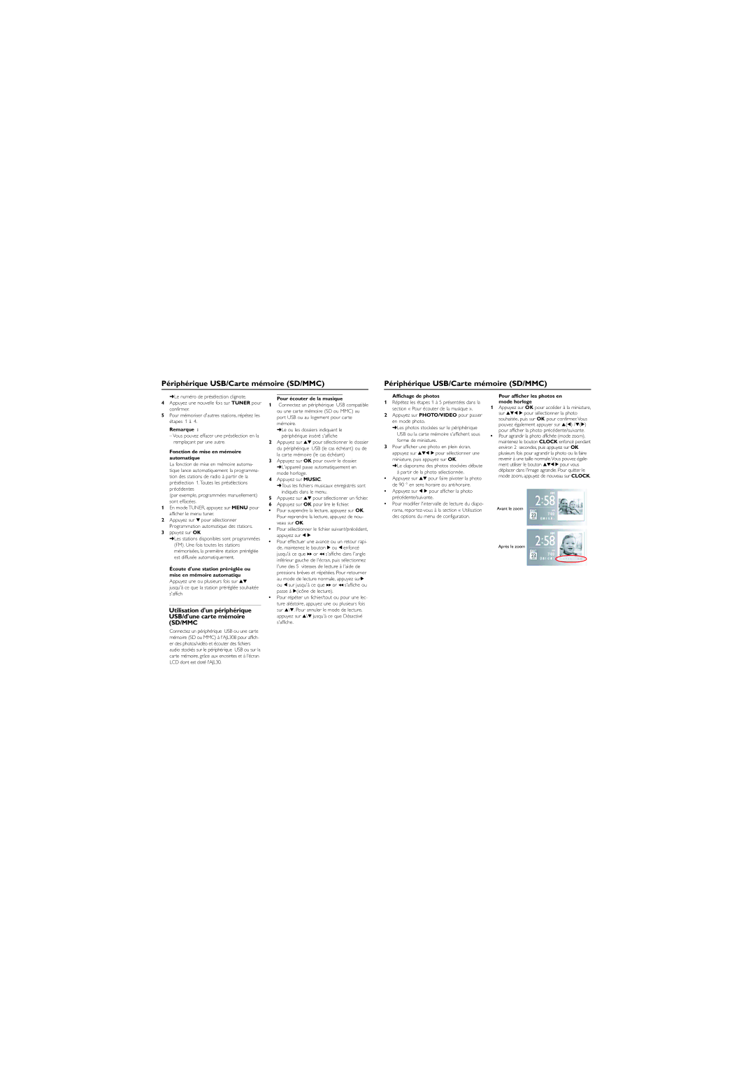 Philips AJL308/17 Périphérique USB/Carte mémoire SD/MMC, Utilisation dun périphérique USB/dune carte mémoire SD/MMC 