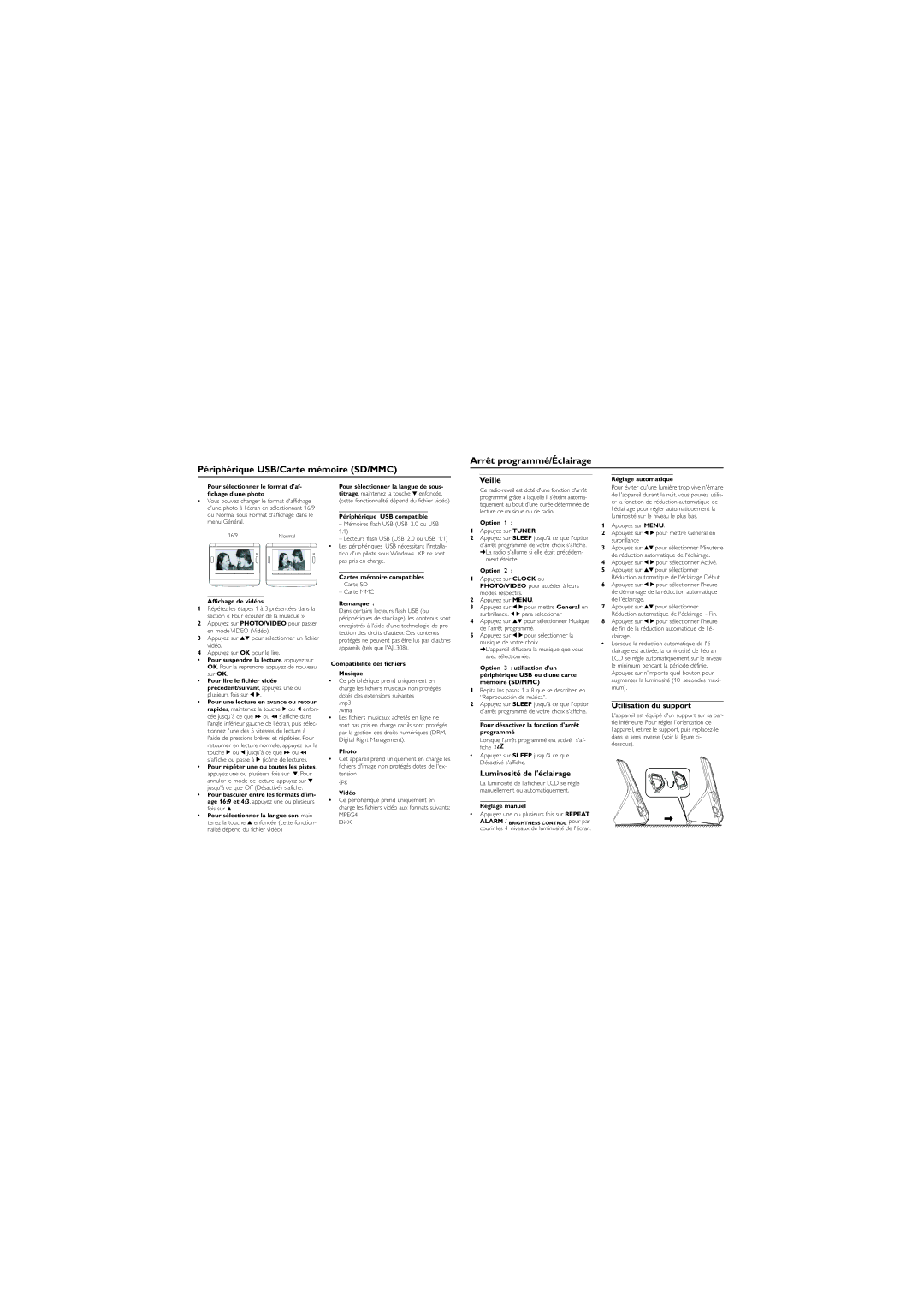 Philips AJL308/17 quick start Veille, Luminosité de léclairage, Utilisation du support 