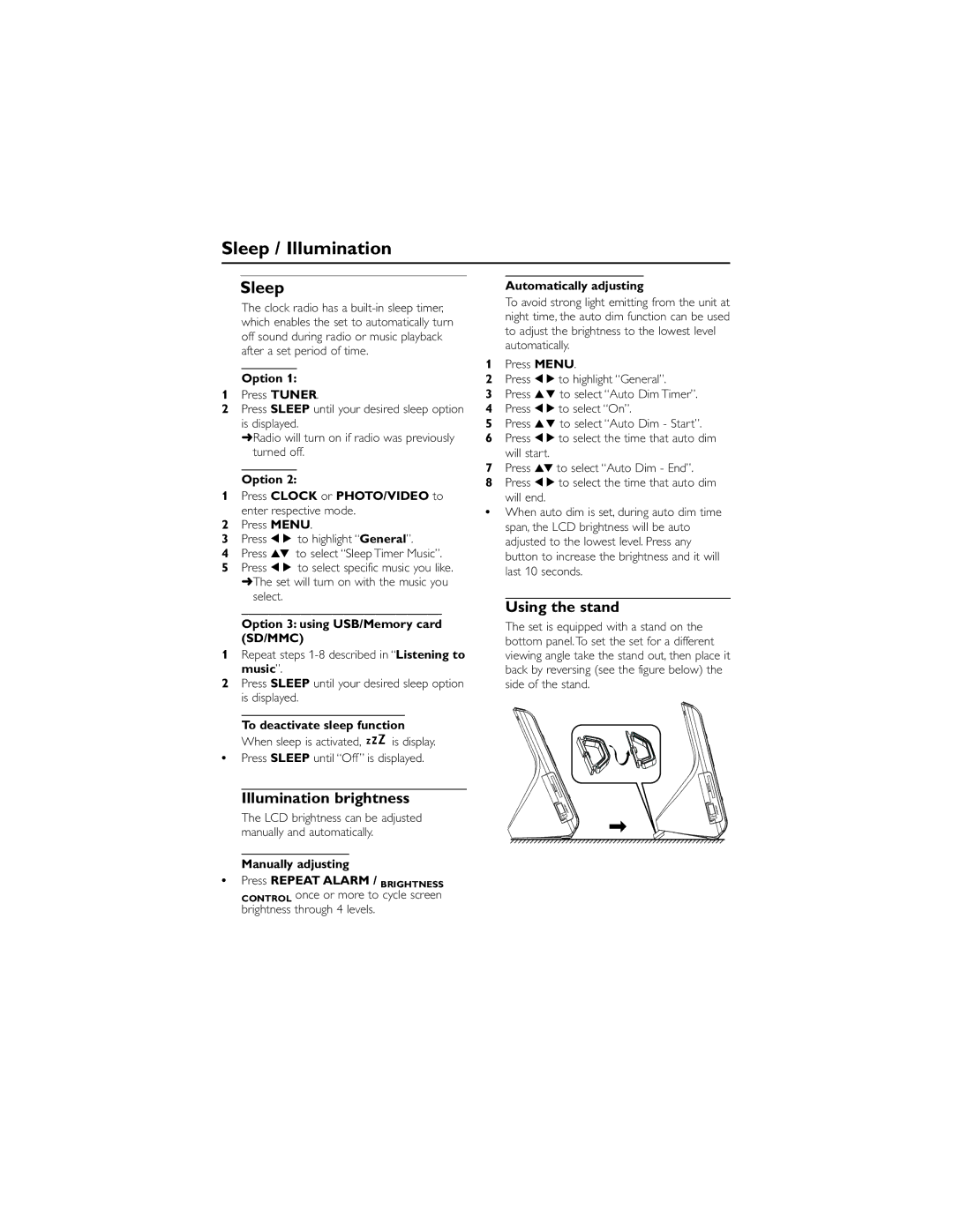 Philips AJL308/78 user manual Sleep / Illumination, Illumination brightness, Using the stand 