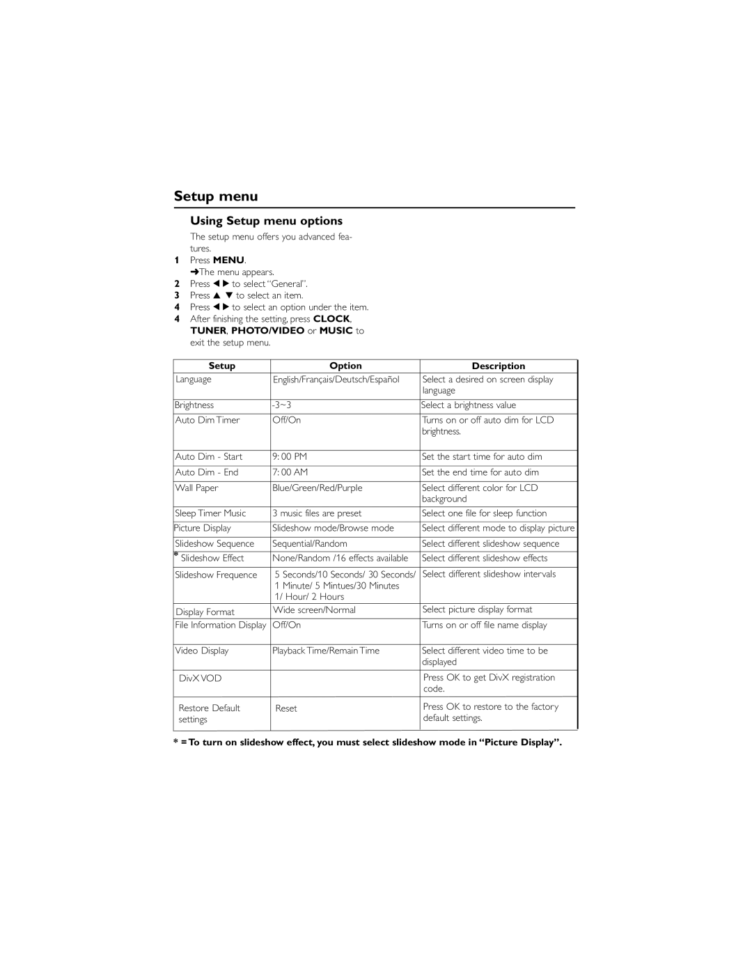 Philips AJL308/78 user manual Using Setup menu options, Setup Option Description 