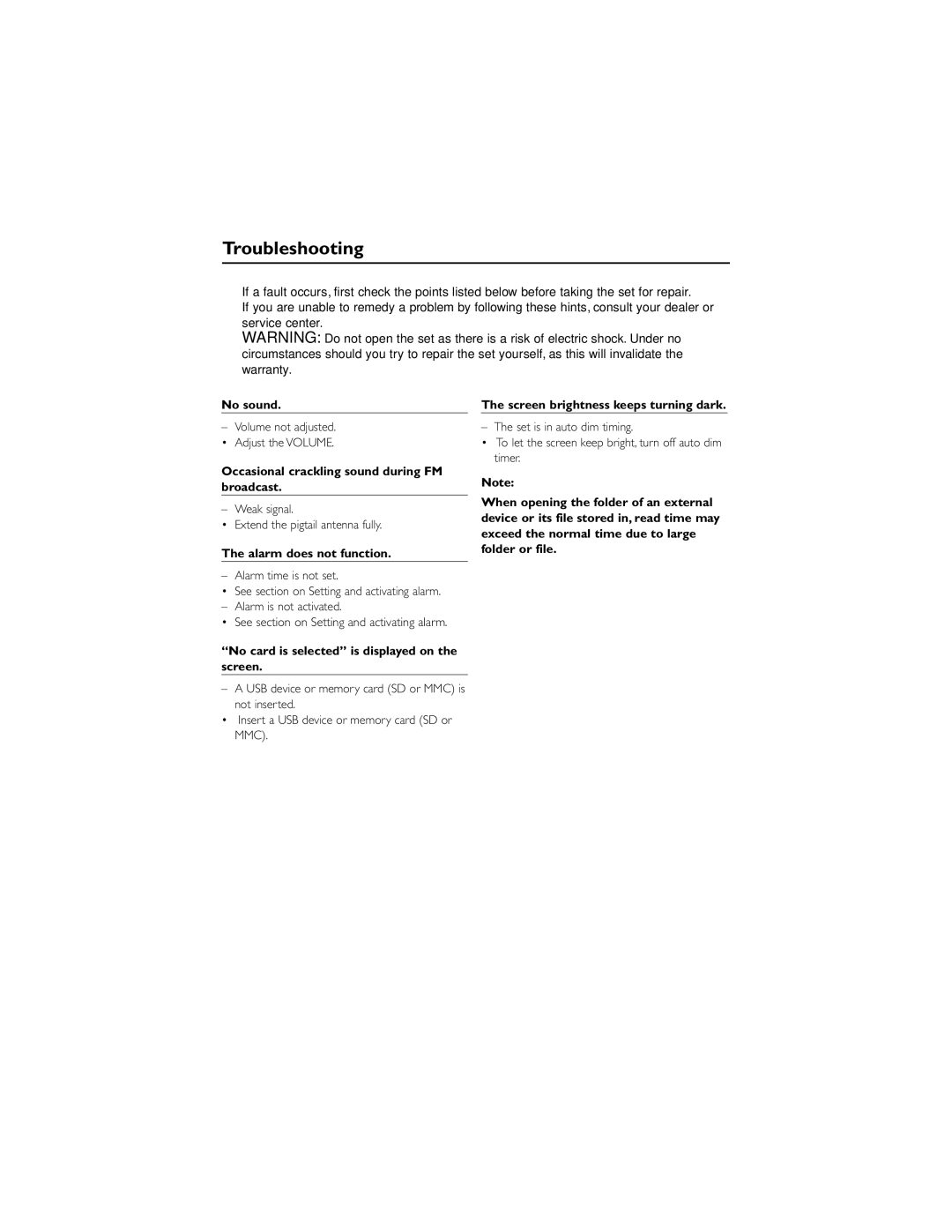 Philips AJL308/78 Troubleshooting, No sound, Occasional crackling sound during FM broadcast, Alarm does not function 