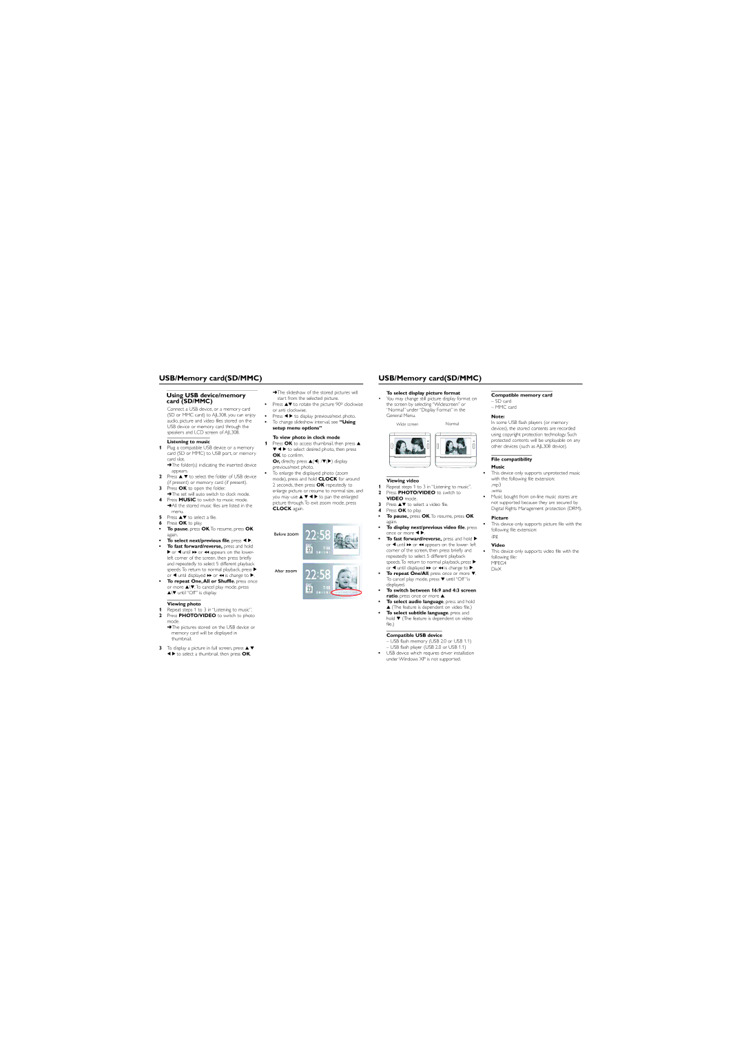 Philips AJL308/98 user manual USB/Memory cardSD/MMC, Using USB device/memory card SD/MMC 