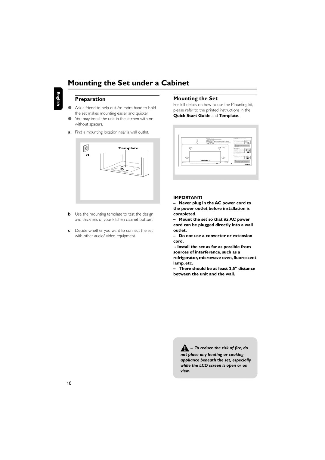 Philips AJL700 quick start Mounting the Set under a Cabinet, Preparation, Quick Start Guide and Template 