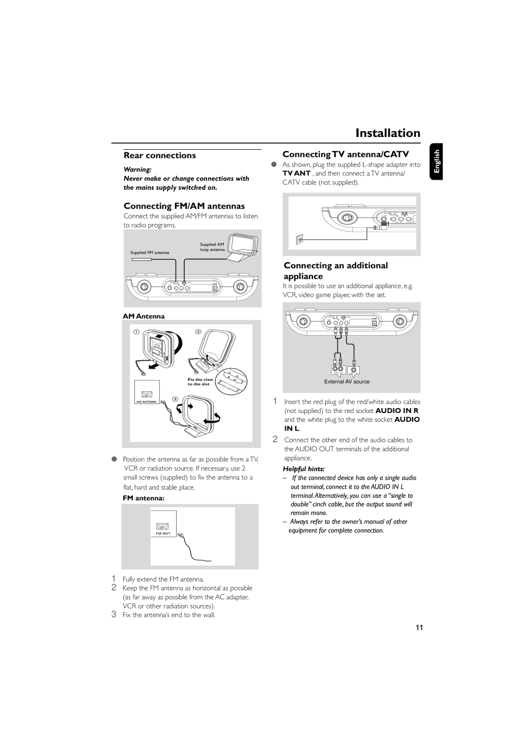 Philips AJL700 quick start Installation, Rear connections, Connecting FM/AM antennas, Connecting TV antenna/CATV 