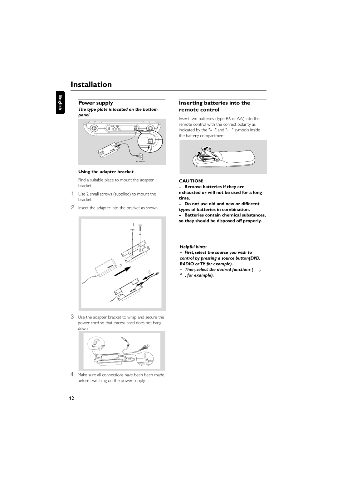 Philips AJL700 Power supply, Inserting batteries into the remote control, Type plate is located on the bottom panel 