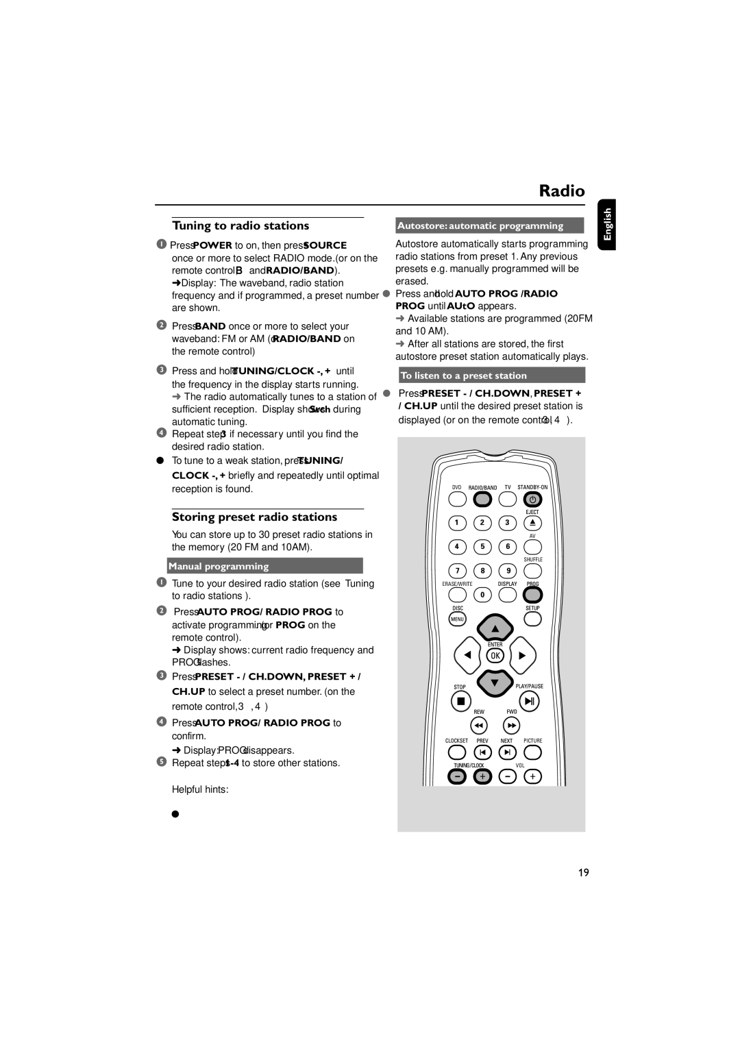 Philips AJL700 quick start Radio, Tuning to radio stations, Storing preset radio stations 