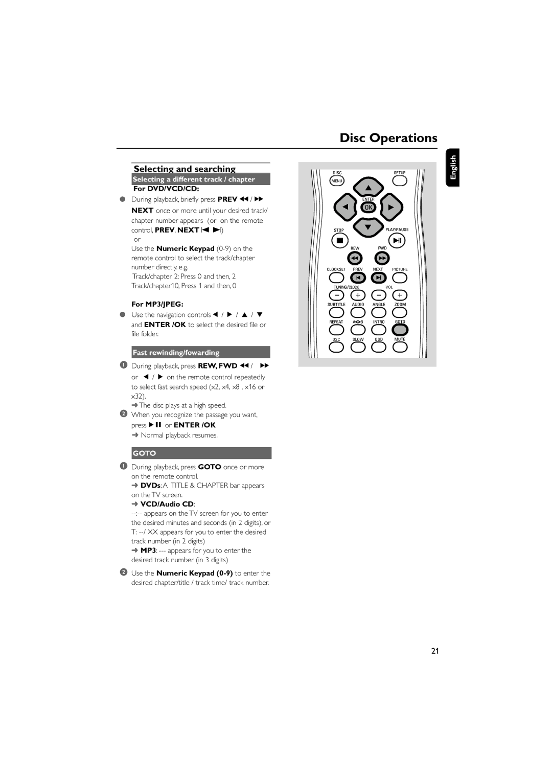 Philips AJL700 quick start Selecting and searching, Selecting a different track / chapter, Fast rewinding/fowarding 