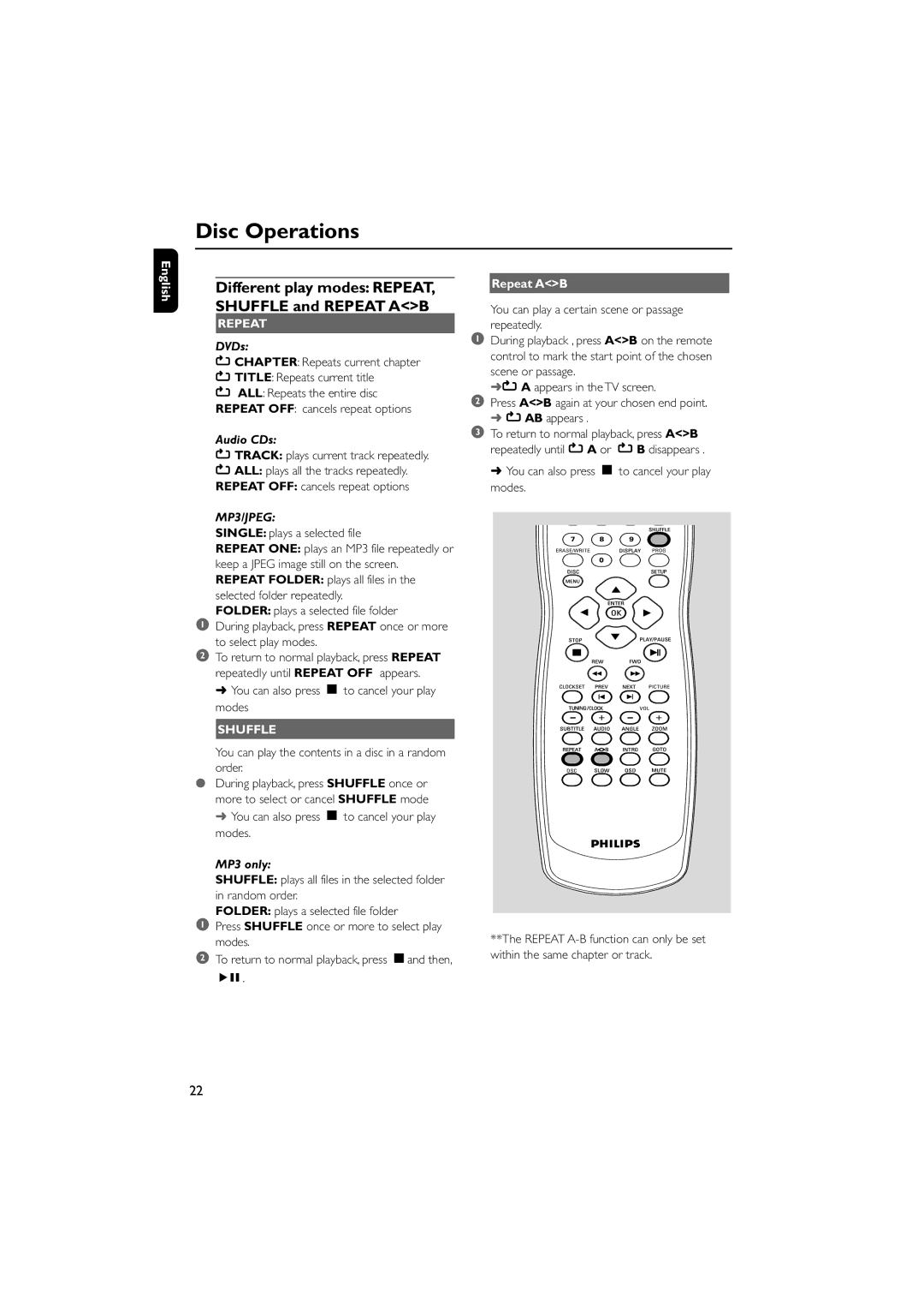 Philips AJL700 quick start DVDs, Audio CDs, MP3 only, Repeat AB 