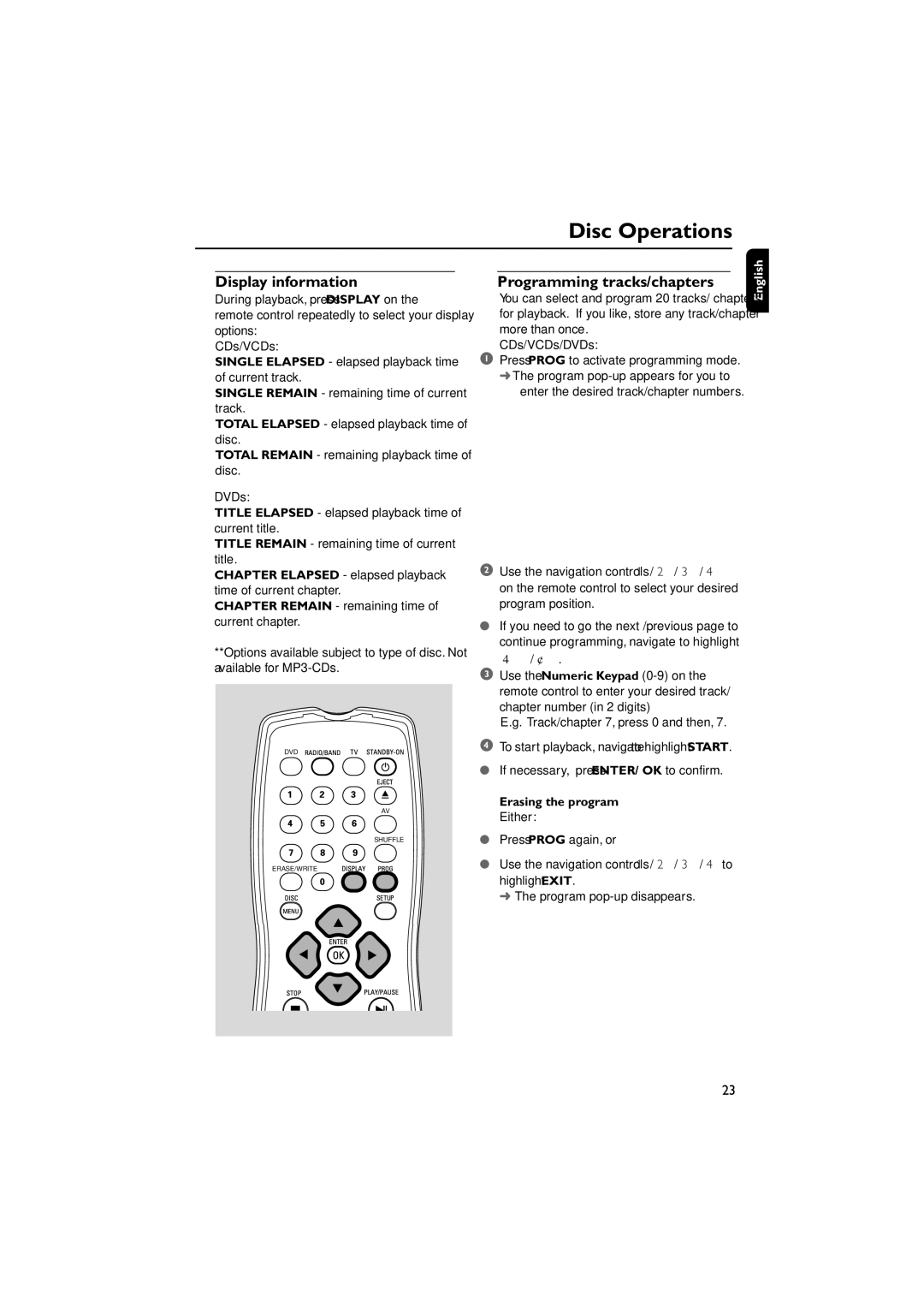 Philips AJL700 quick start Programming tracks/chapters, CDs/VCDs, Chapter Elapsed elapsed playback time of current chapter 