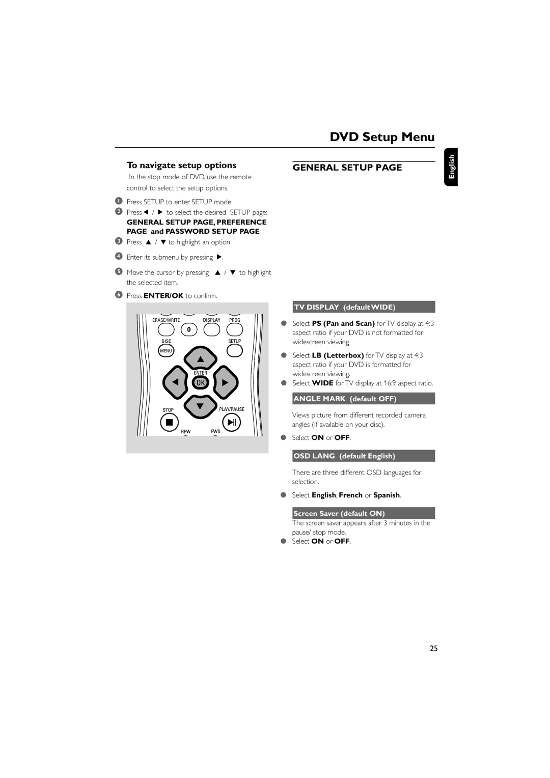 Philips AJL700 quick start DVD Setup Menu, To navigate setup options, General Setup 