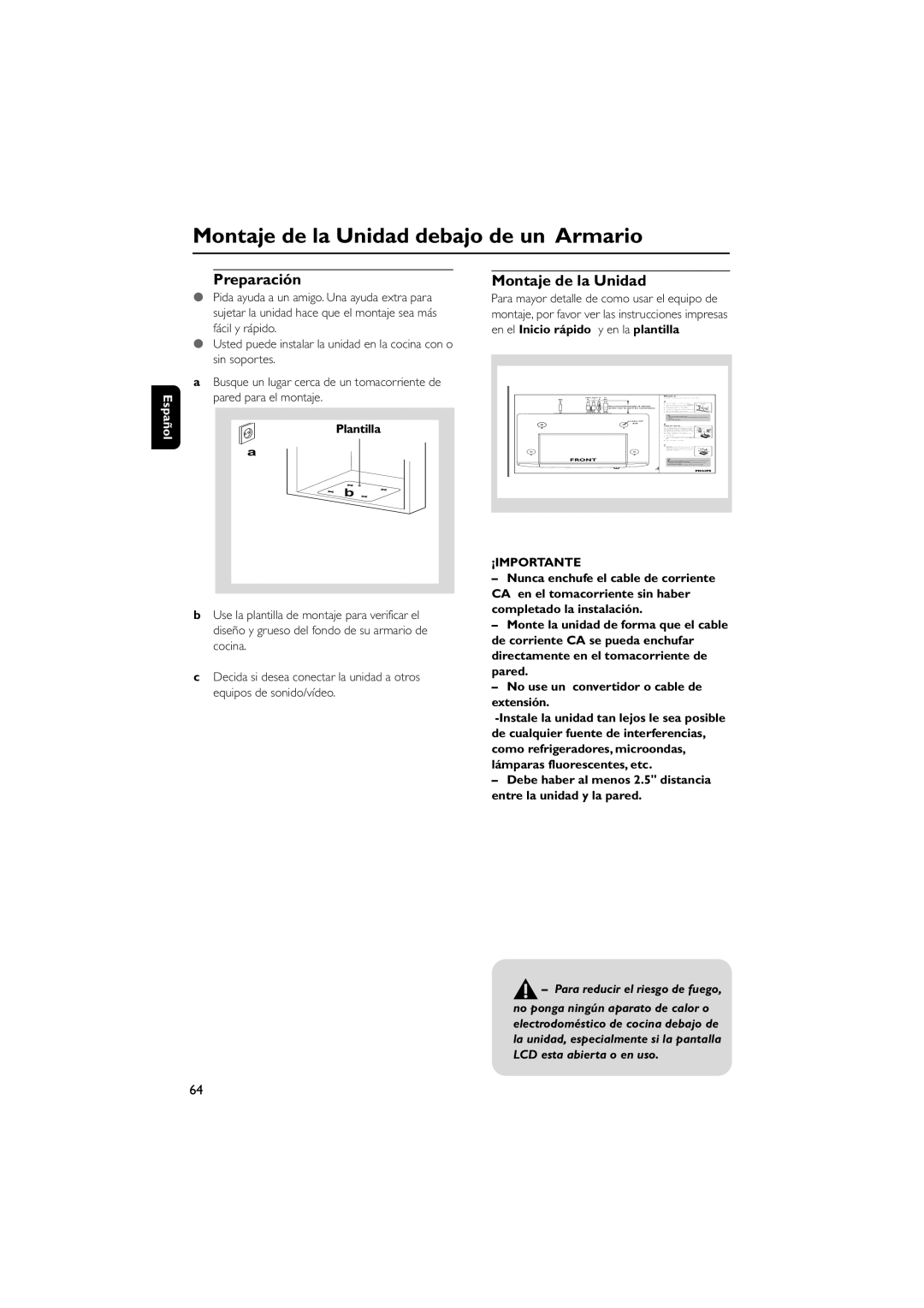 Philips AJL70037 7 Montaje de la Unidad debajo de un Armario, Preparación, ¡Importante, Para reducir el riesgo de fuego 