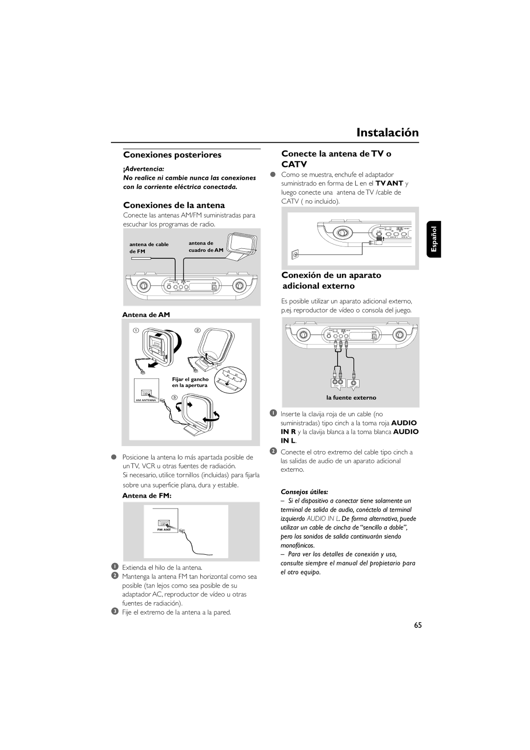 Philips AJL70037 7 quick start Instalación, Conexiones posteriores Conecte la antena de TV o, Catv, Conexiones de la antena 