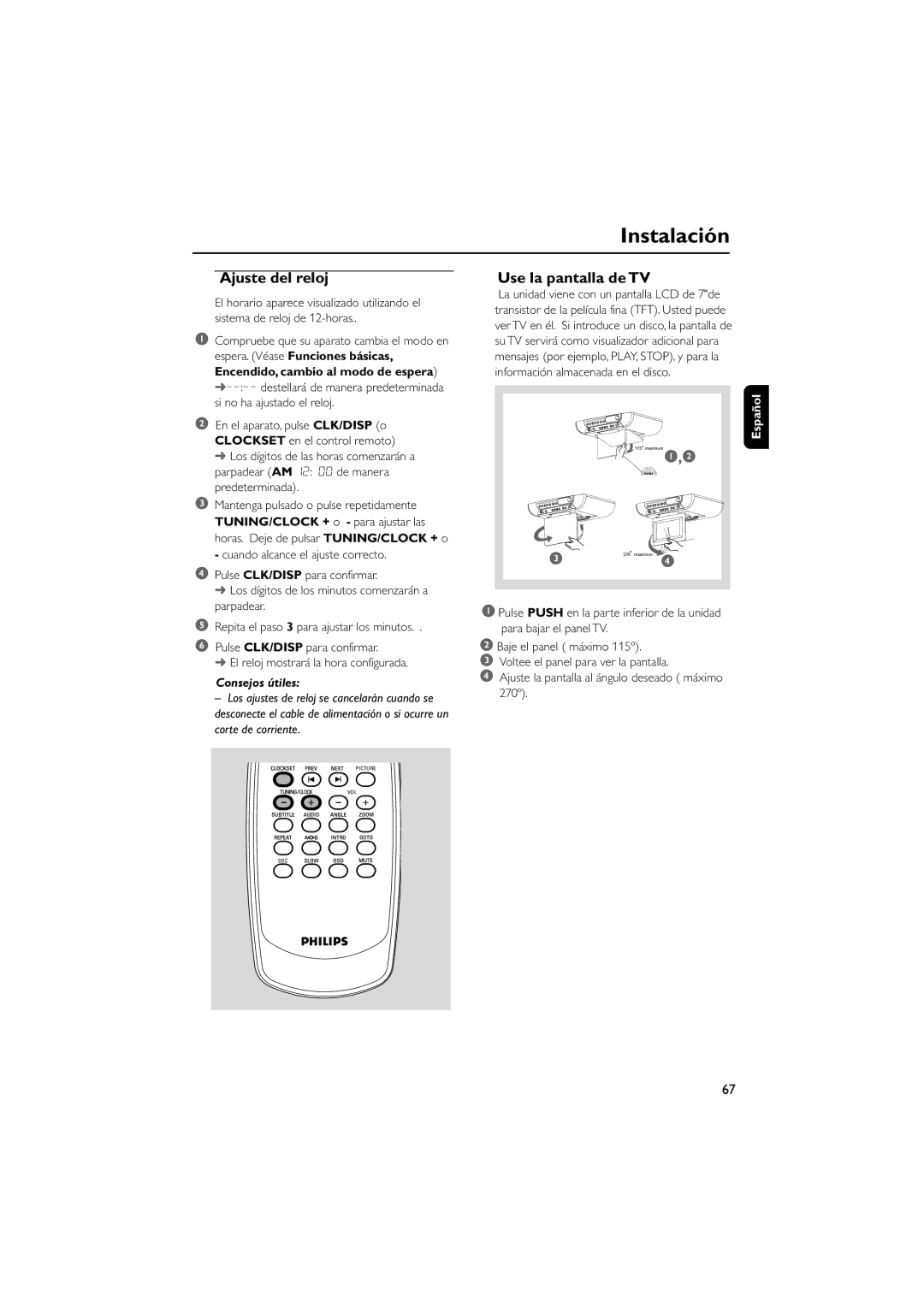 Philips AJL70037 7 quick start Ajuste del reloj, Use la pantalla de TV 