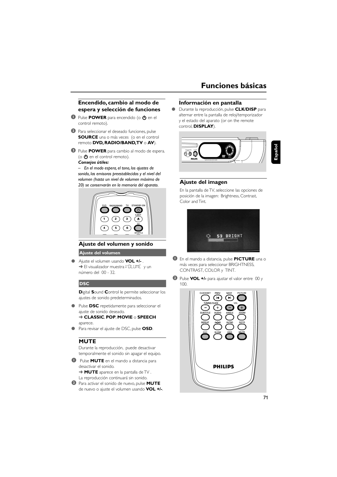 Philips AJL70037 7 Funciones básicas, Ajuste del volumen y sonido, Mute, Información en pantalla, Ajuste del imagen 