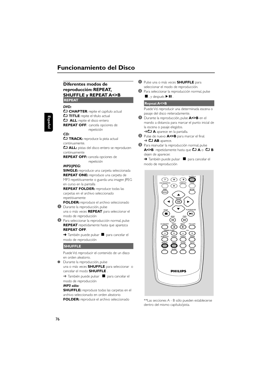 Philips AJL70037 7 quick start Repeat OFF, MP3 sólo, Repeat AB 