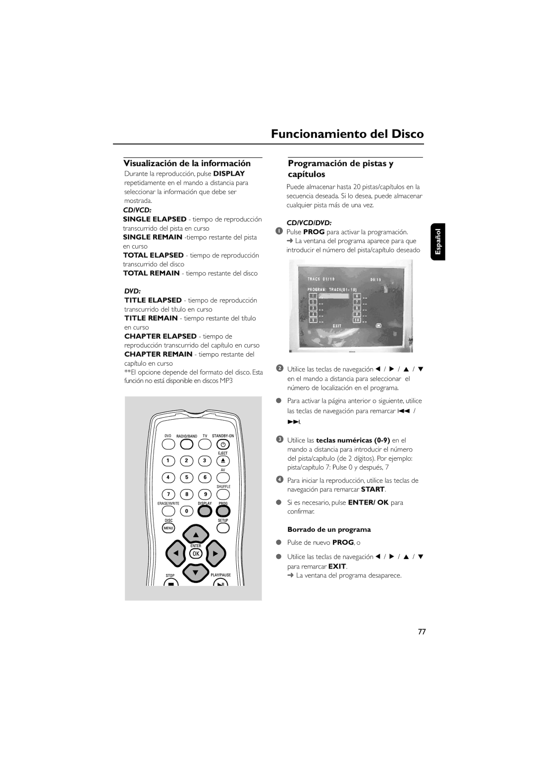 Philips AJL70037 7 quick start Visualización de la información, Programación de pistas y capítulos, Borrado de un programa 