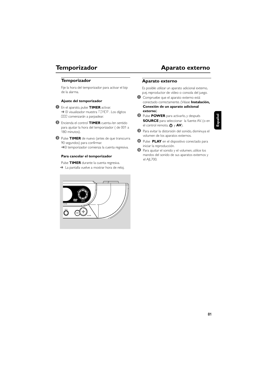 Philips AJL70037 7 Temporizador, Aparato externo, Ajuste del temporizador, Conexión de un aparato adicional externo 