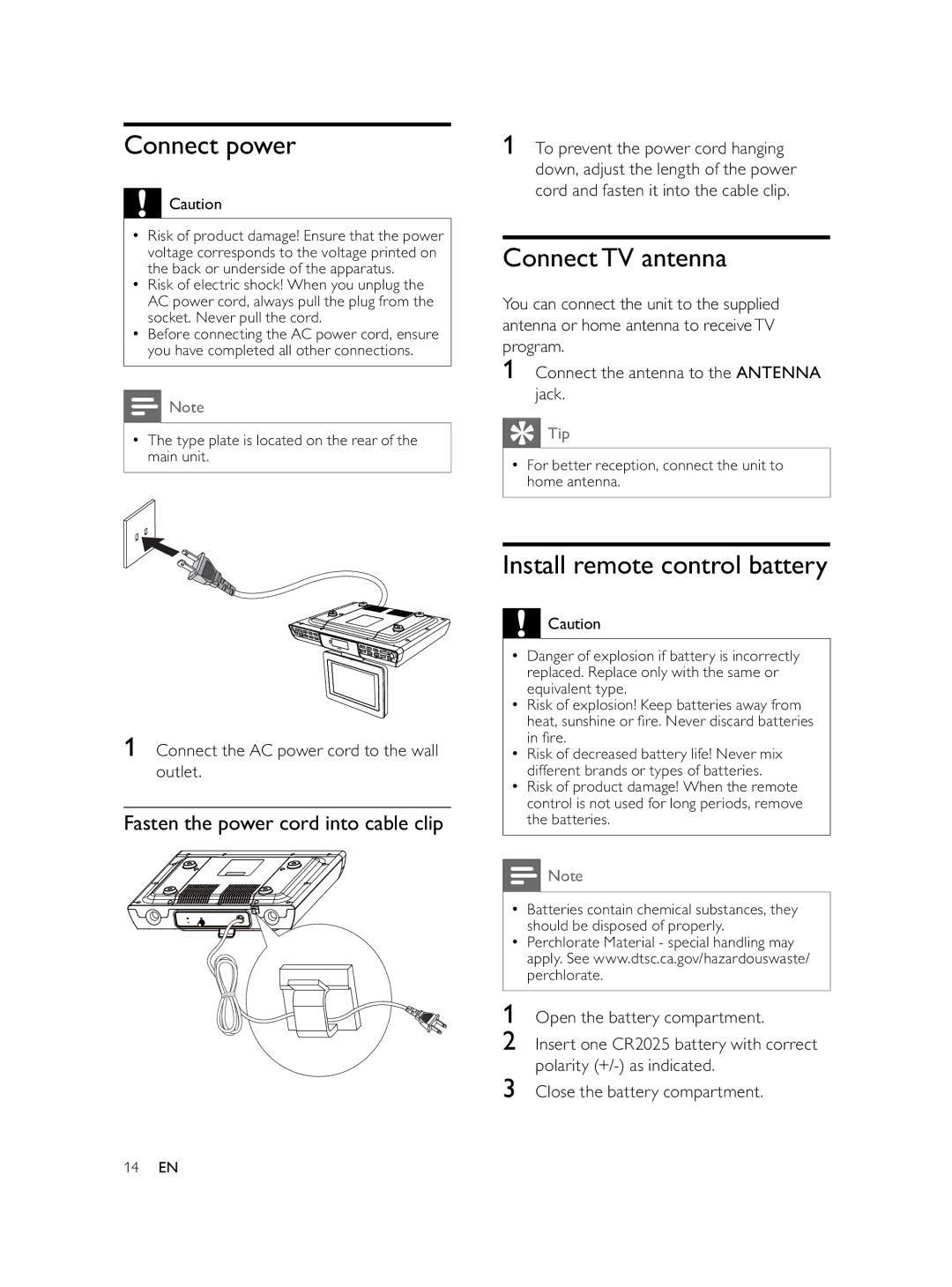 Philips AJL750/37 Connect power, Connect TV antenna, Install remote control battery, Fasten the power cord into cable clip 