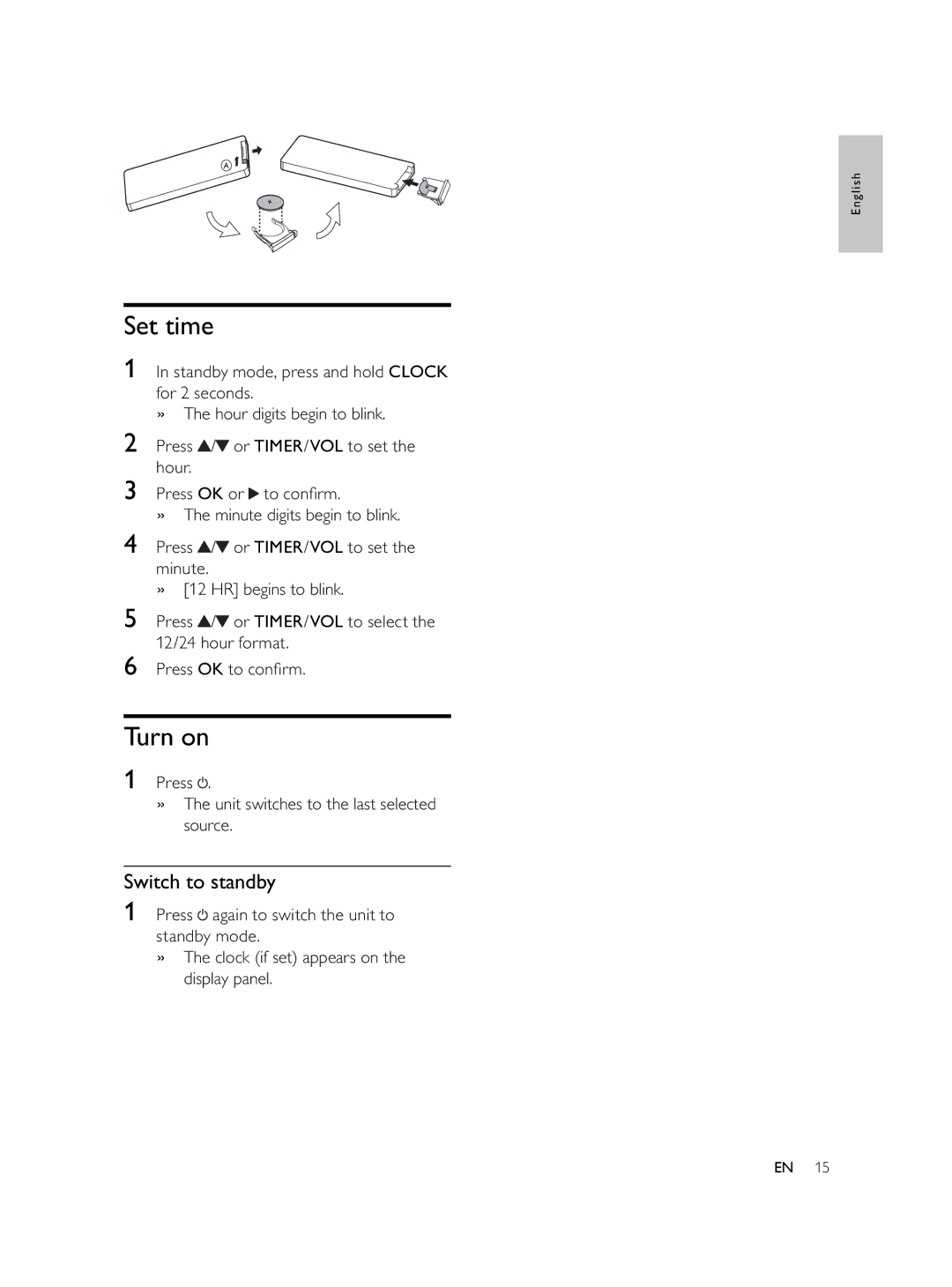 Philips AJL750/37 user manual Set time, Turn on, Switch to standby 