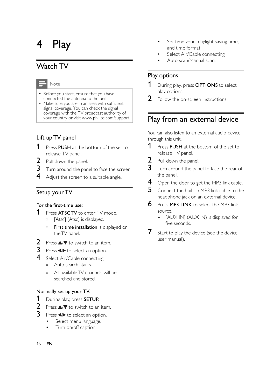 Philips AJL750/37 user manual Watch TV, Play from an external device 