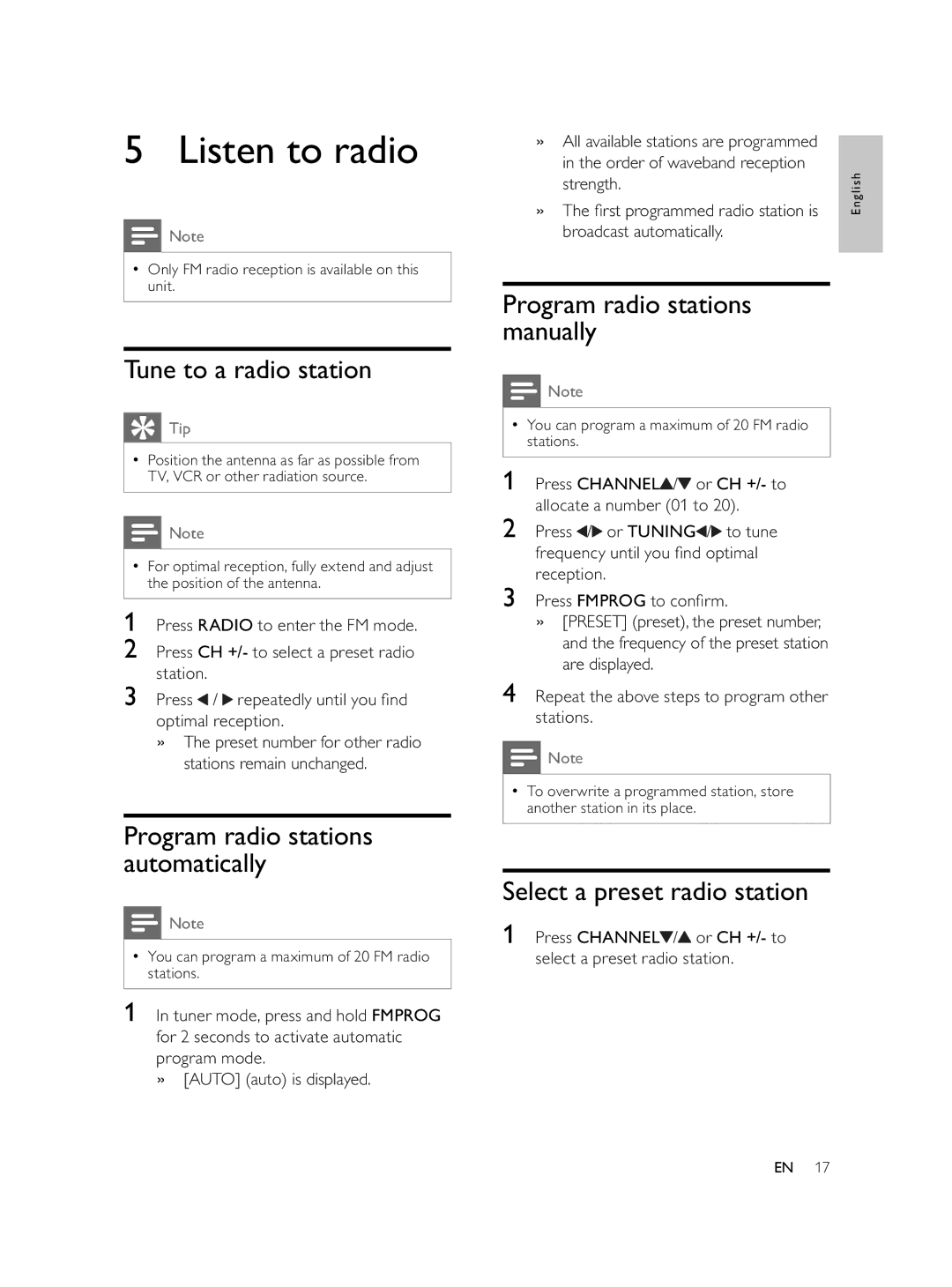 Philips AJL750 Listen to radio, Tune to a radio station, Program radio stations manually, Select a preset radio station 