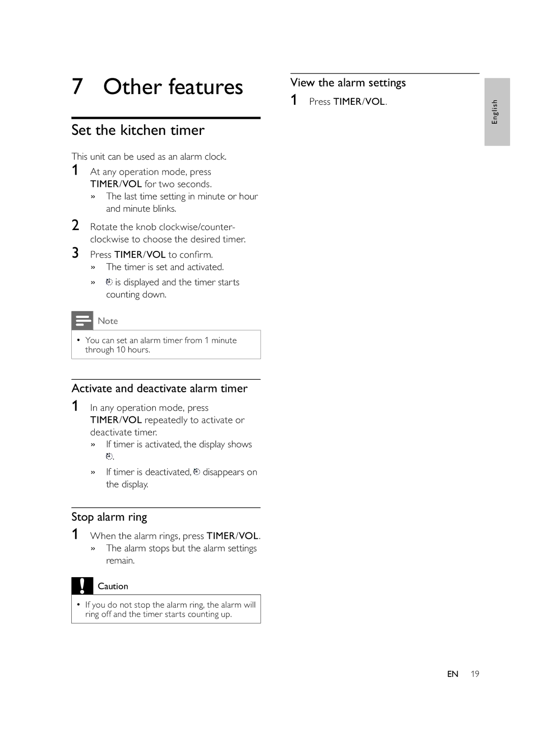Philips AJL750/37 Other features, Set the kitchen timer, Activate and deactivate alarm timer, Stop alarm ring 