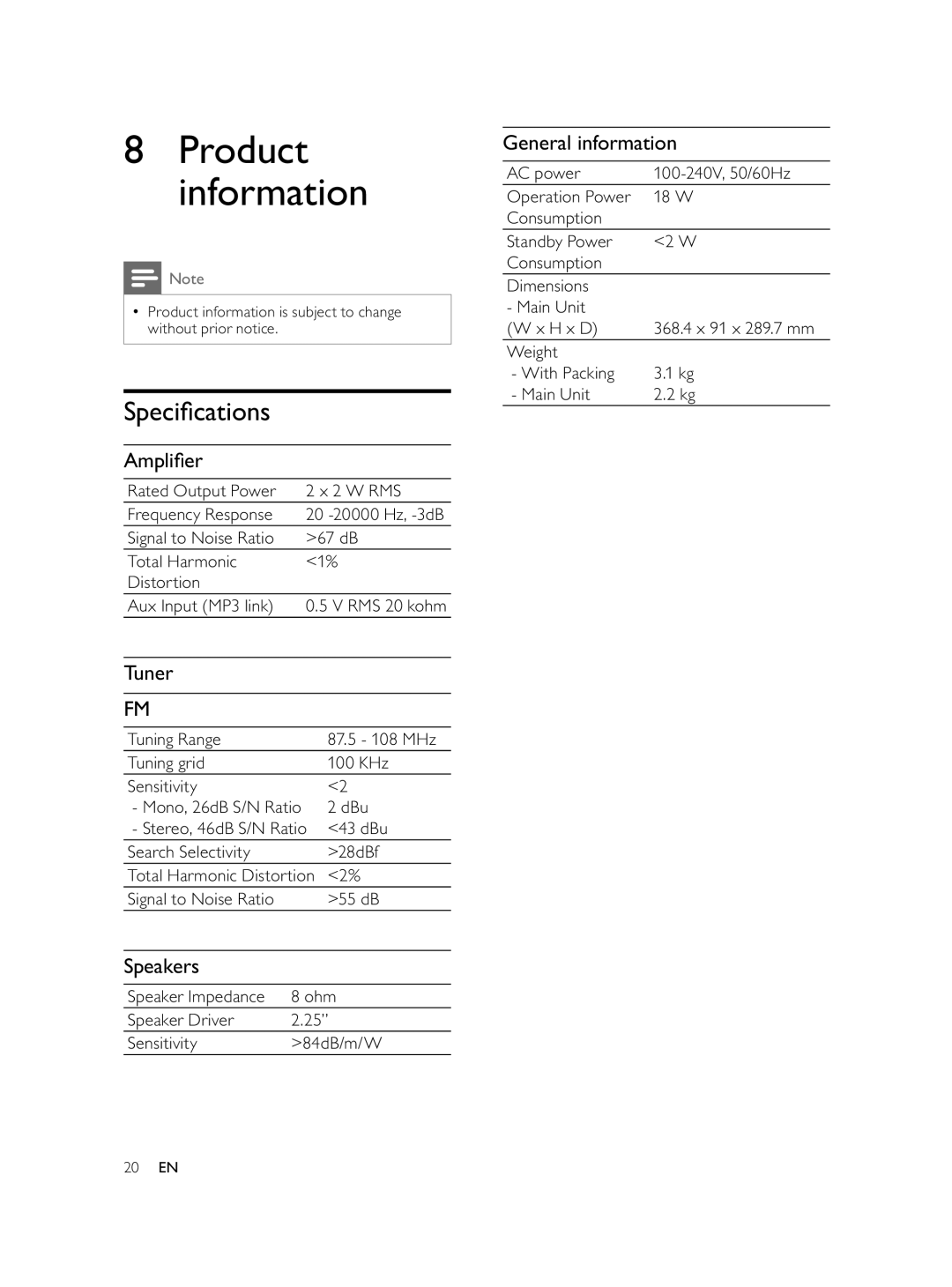 Philips AJL750/37 user manual Product information, Speciﬁ cations 