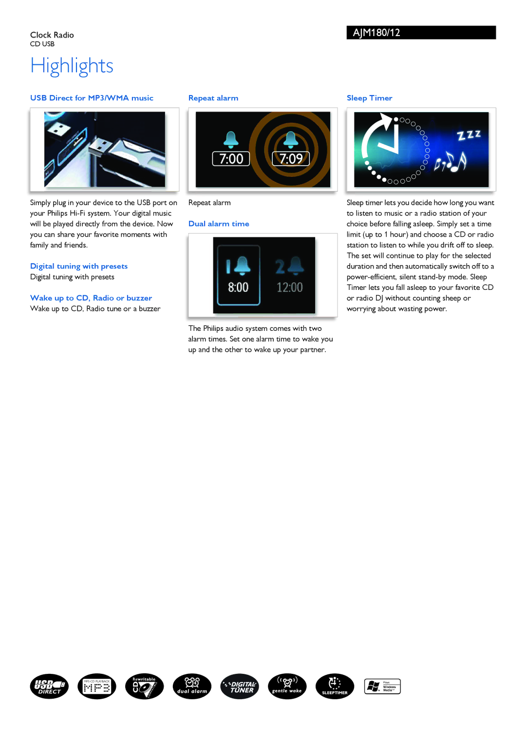 Philips AJM180/12 USB Direct for MP3/WMA music Repeat alarm Sleep Timer, Digital tuning with presets, Dual alarm time 