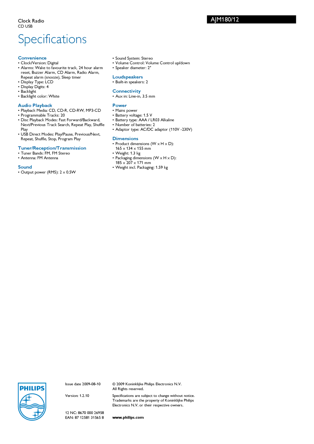 Philips AJM180/12 Convenience, Audio Playback, Tuner/Reception/Transmission, Sound, Loudspeakers, Connectivity, Power 