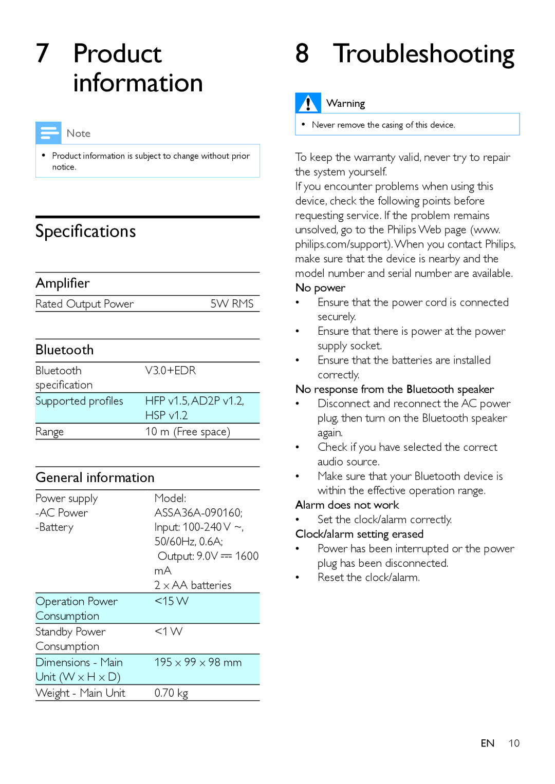 Philips AJT600/37 user manual Product information, Troubleshooting, Specifications 