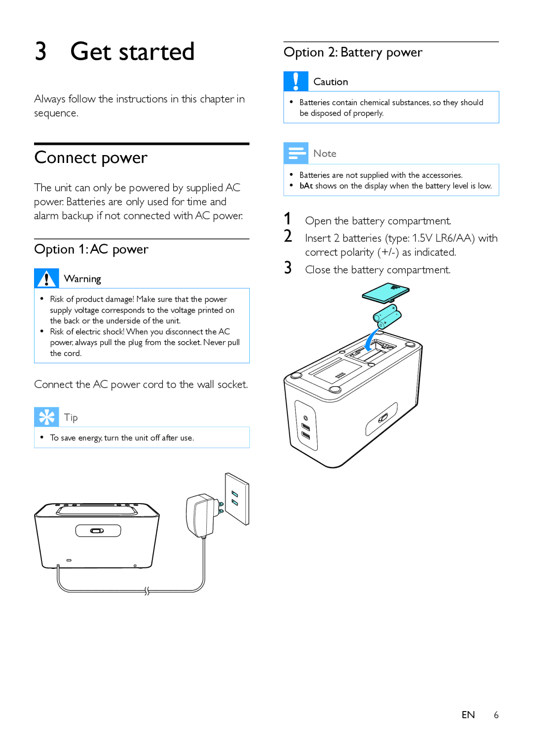 Philips AJT600/37 user manual Get started, Connect power, Option 1AC power, Option 2 Battery power 