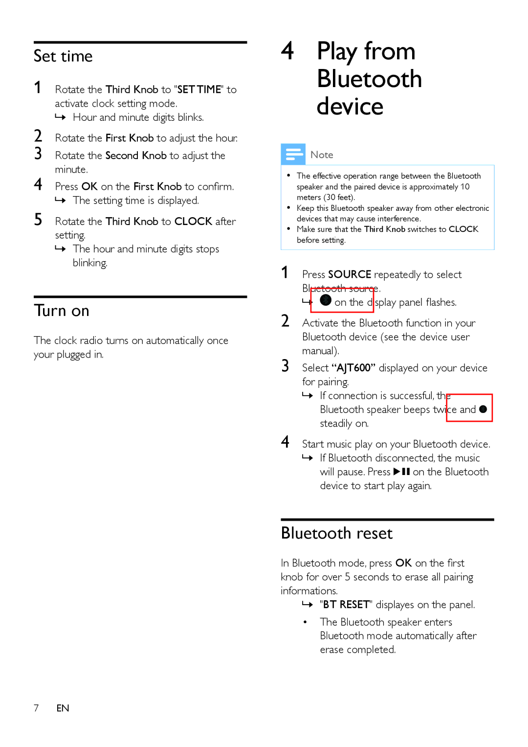 Philips AJT600/37 user manual Play from Bluetooth device, Set time, Turn on, Bluetooth reset 