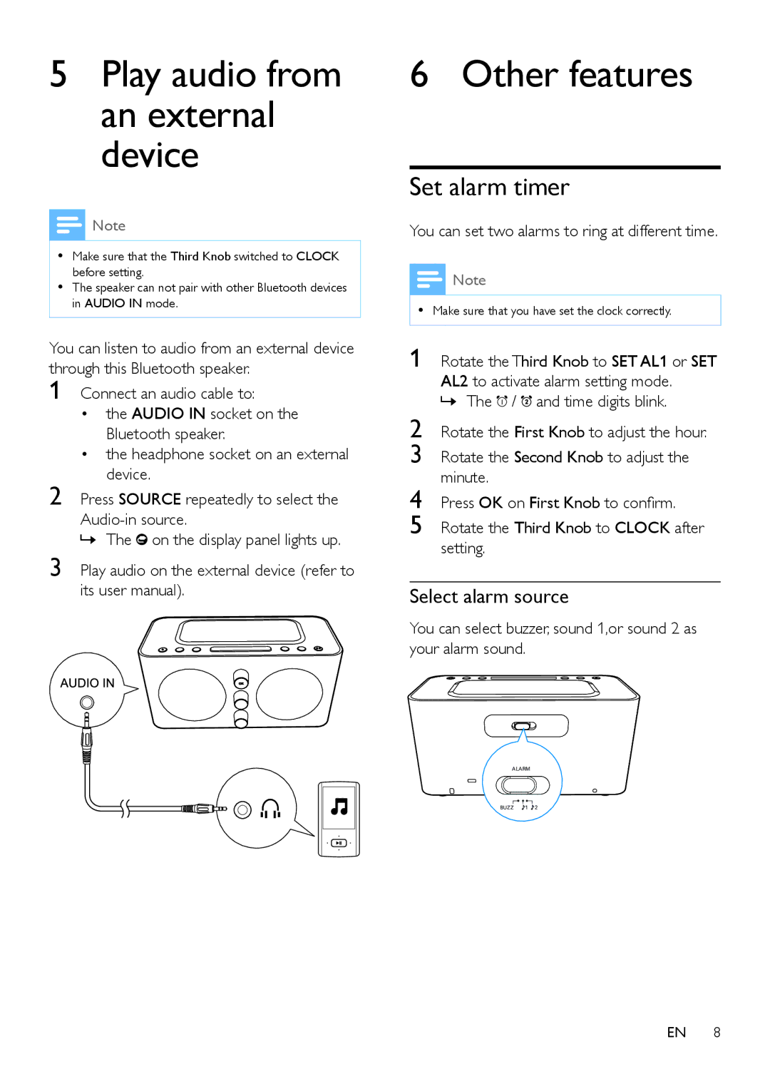 Philips AJT600/37 user manual Other features, Set alarm timer, Select alarm source 