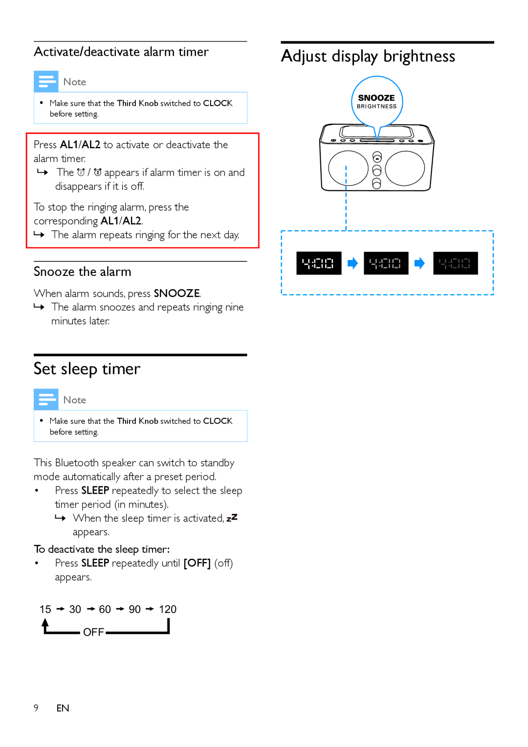 Philips AJT600/37 user manual Set sleep timer, Adjust display brightness, Activate/deactivate alarm timer, Snooze the alarm 