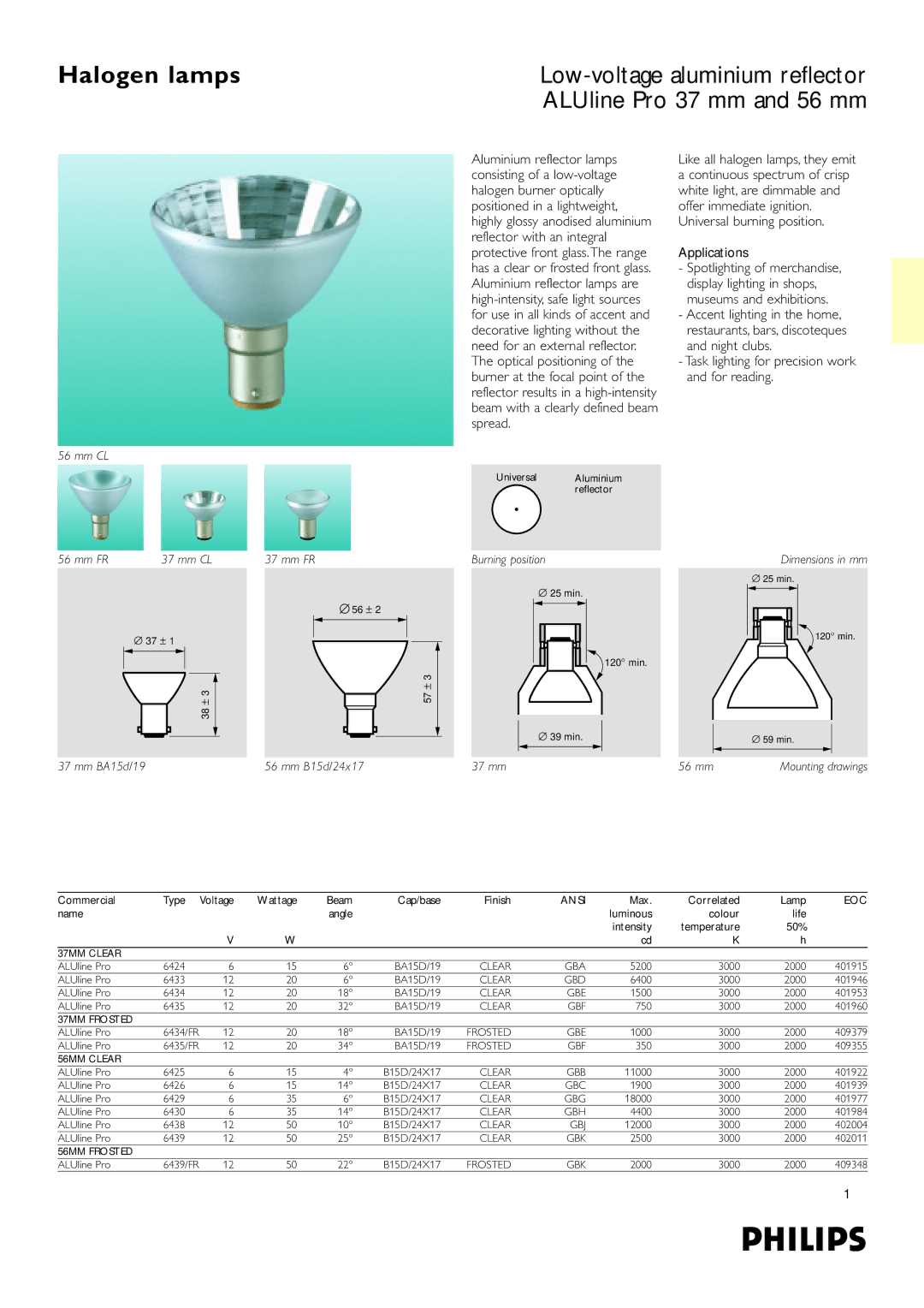 Philips ALUline Pro 37mm and 56mm dimensions Halogen lamps, Low-voltage aluminium reflector, ALUline Pro 37 mm and 56 mm 