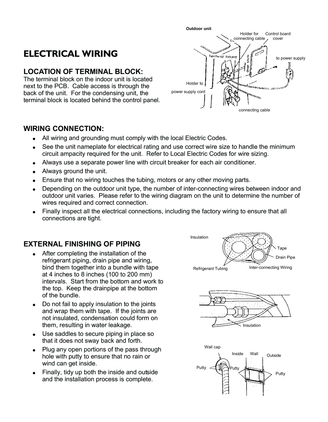 Philips AMW, AMC 60, AMC 45 Electrical Wiring, Location of Terminal Block, Wiring Connection, External Finishing of Piping 