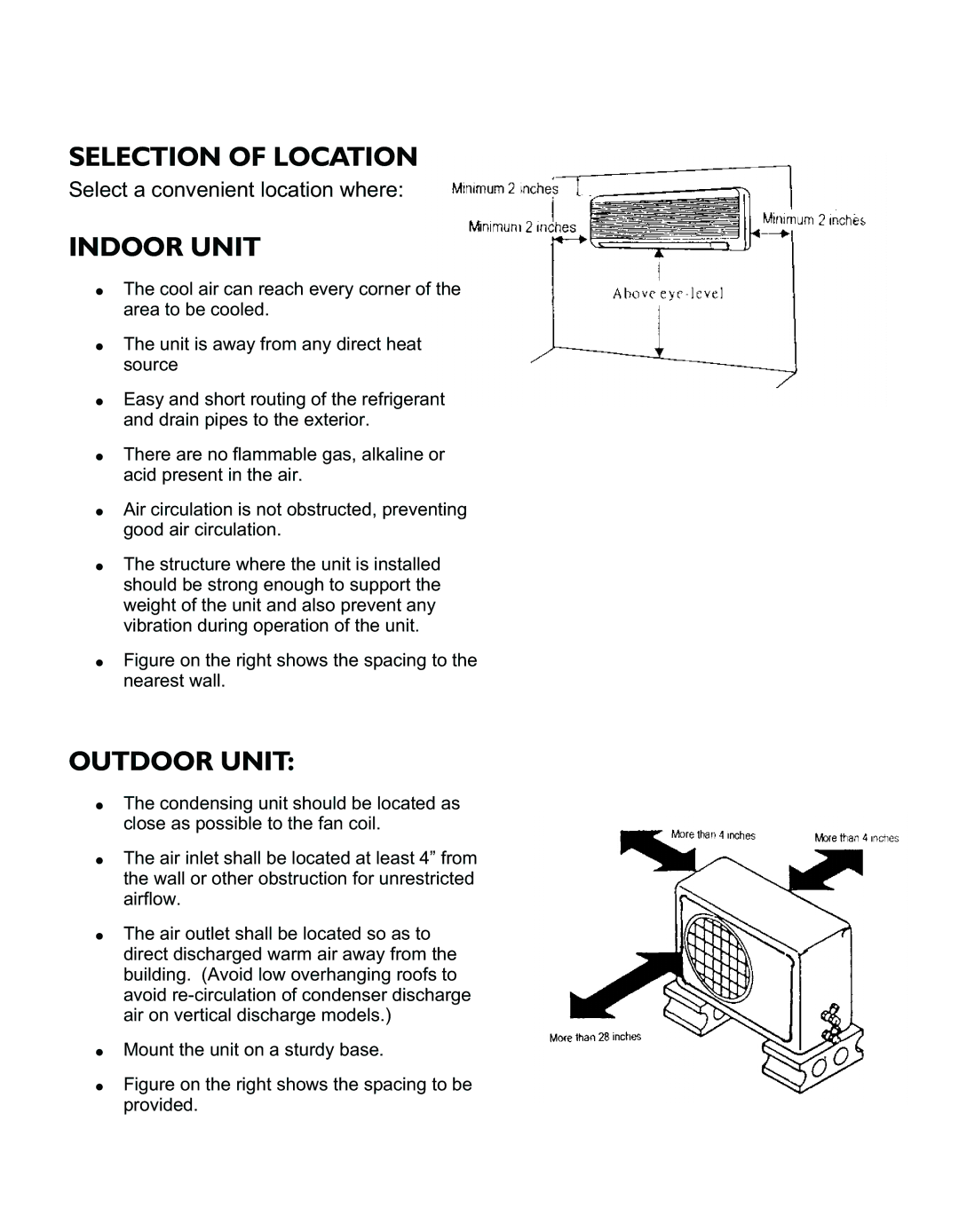 Philips AMC Series, AMW, AMC 60, AMC 45, AMC 30, AMC 25 Selection of Location, Indoor Unit, Outdoor Unit 