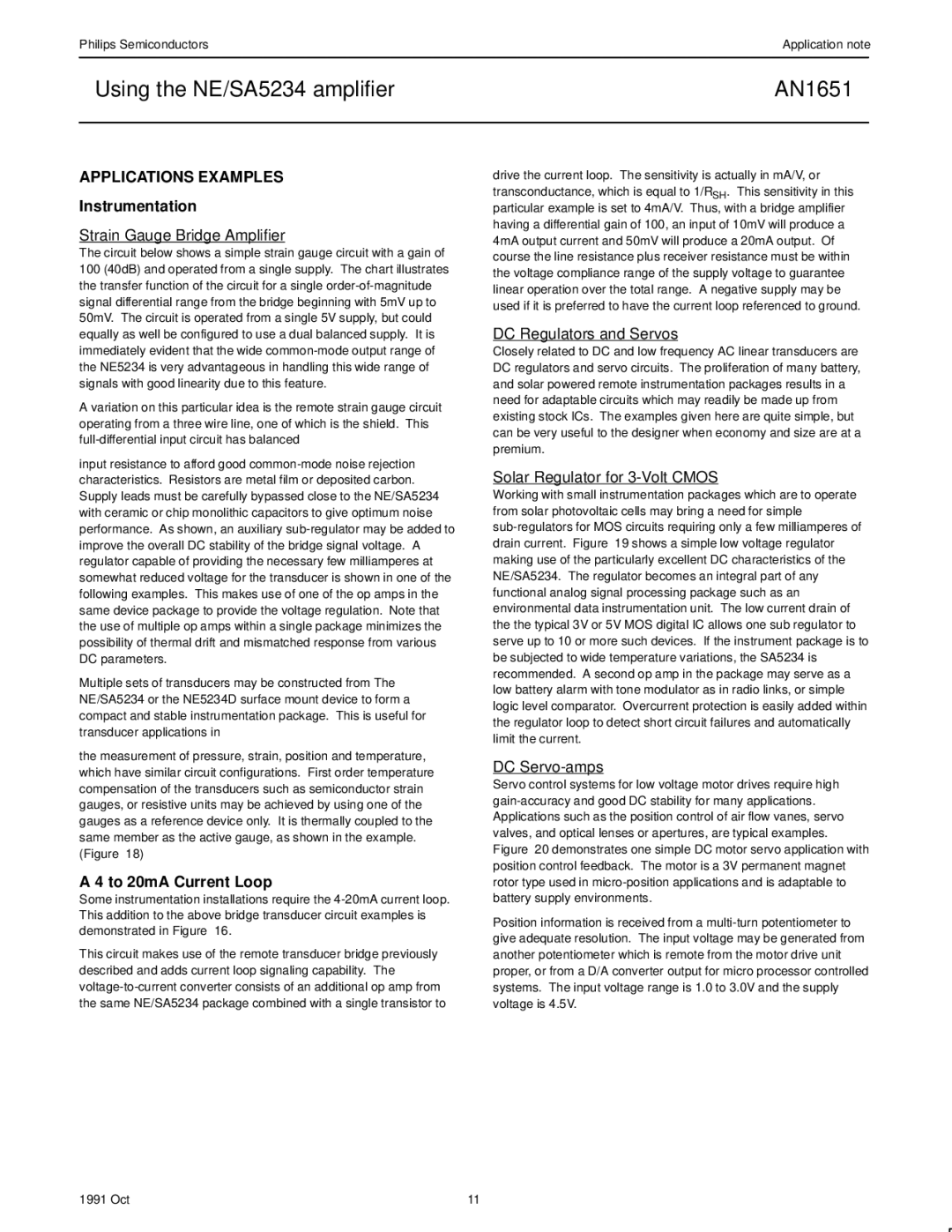 Philips AN1651 manual Applications Examples, Instrumentation, To 20mA Current Loop 