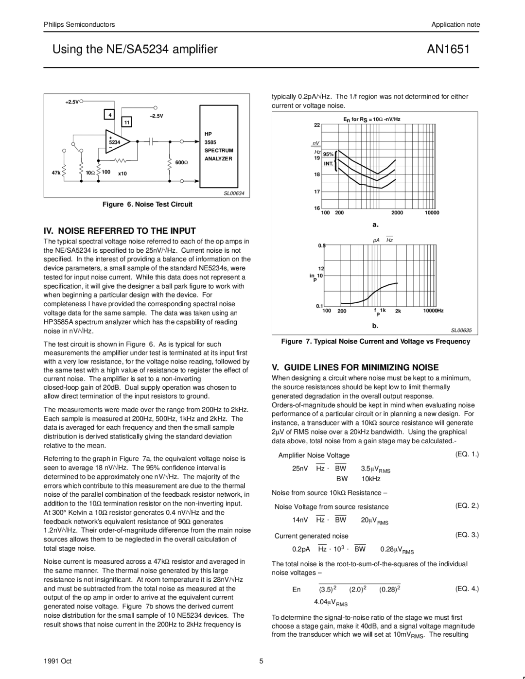 Philips AN1651 manual IV. Noise Referred to the Input, Guide Lines for Minimizing Noise 