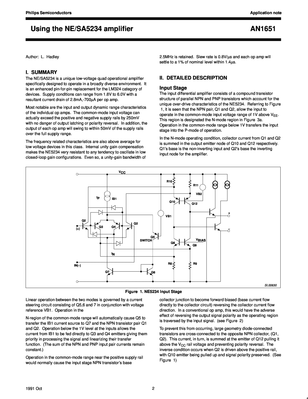 Philips AN1651 manual I. Summary, II. DETAILED DESCRIPTION Input Stage, Philips Semiconductors, NE5234 Input Stage 