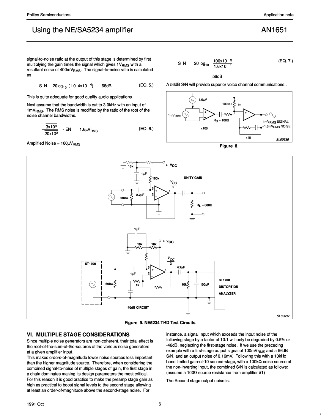 Philips AN1651 manual Vi. Multiple Stage Considerations, NE5234 THD Test Circuits, Using the NE/SA5234 amplifier 
