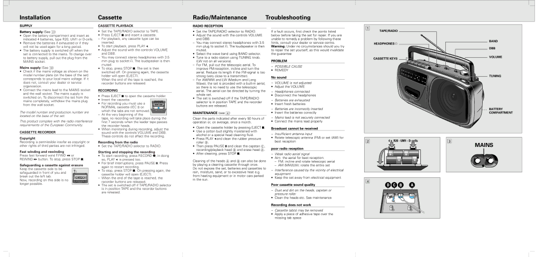 Philips AQ 4050 warranty Supply, Cassette Recorder Cassette Playback, Recording, Radio Reception, Problem 