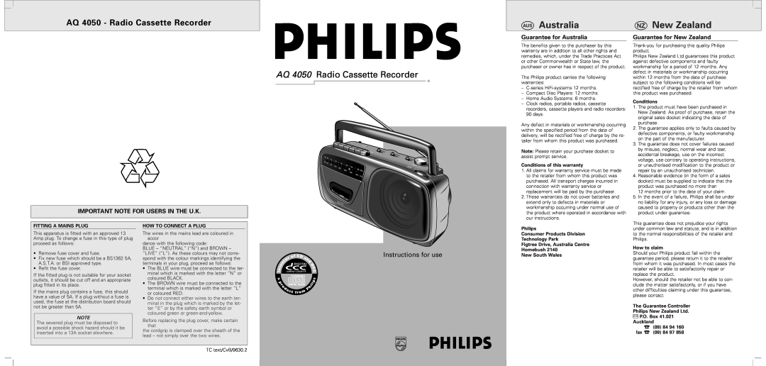 Philips warranty AQ 4050 - Radio Cassette Recorder, Œ Australia, ö New Zealand, AQ 4050 Radio Cassette Recorder 