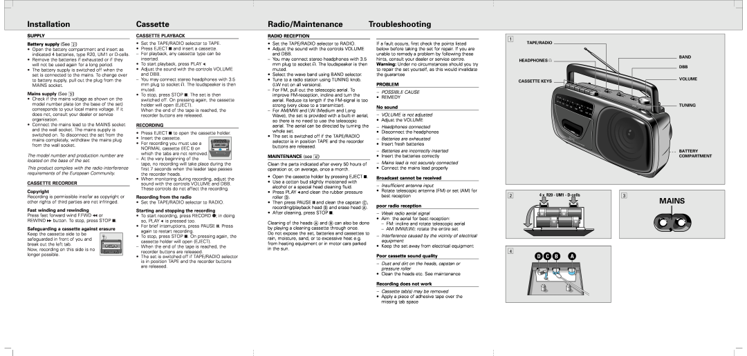 Philips AQ 4050 warranty Installation, Cassette, Radio/Maintenance, Troubleshooting, Mains, D C B A 