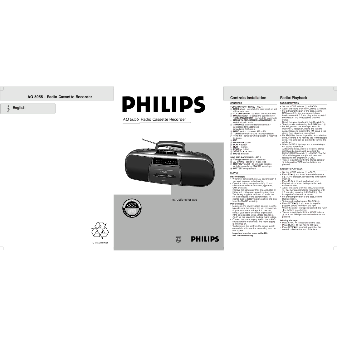 Philips AQ 5055 manual Controls TOP and Front Panel FIG, Mic, Side and Back Panel FIG, Supply, Radio Reception 