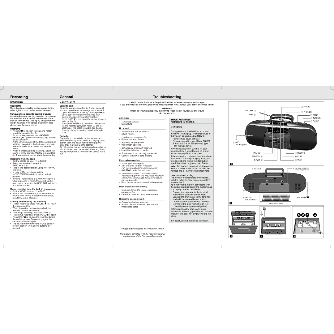 Philips AQ 5055 manual Recording, Maintenance, Problem, Important Notes For Users in the U.K 